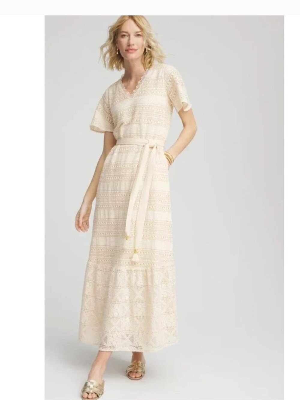 NWOT Chico's Crochet Maxi Dress   Cream Lace Tiered V-Neck US 4 Ivory - Picture 4 of 10